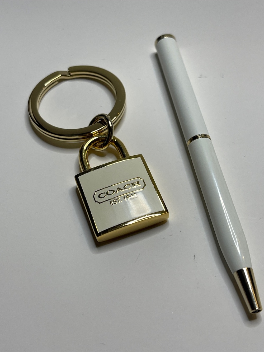 Coach Gold and White Enamel Padlock Key Ring and Coach Pen - Picture 1 of 7